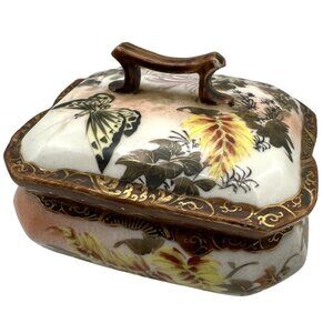 Vintage 40s Asian Art Porcelain Trinket Box Lidded Handle Floral Butterfly